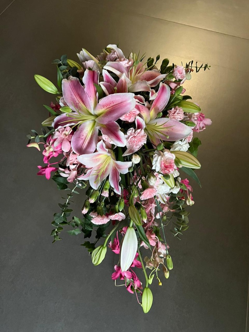 Pink lily cascading bridal bouquet